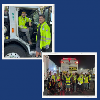 group photo and 2 employees in a waste truck